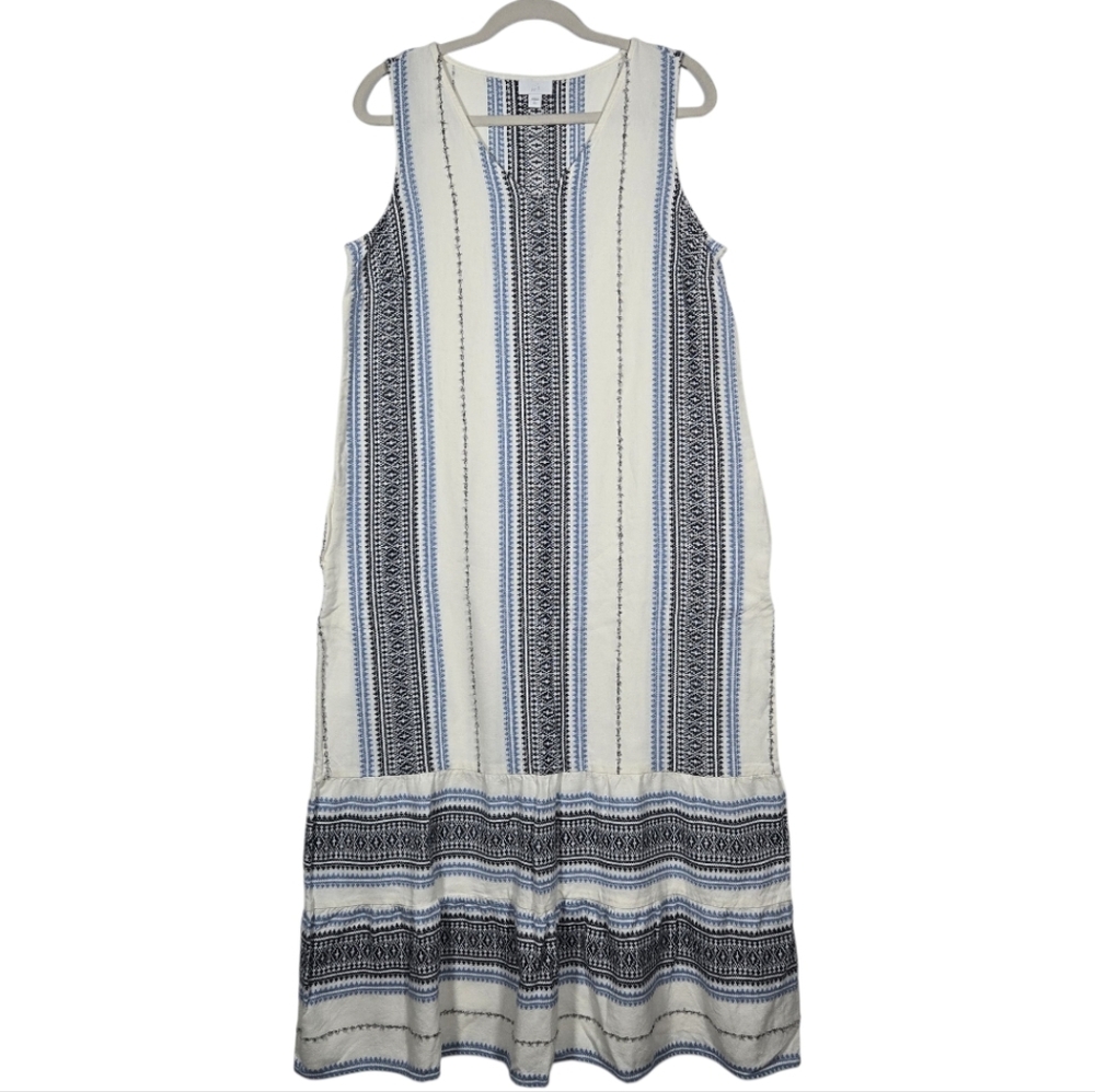 J. Jill Embroidered Textured Stripe Cotton Sleeveless Midi Dress Large Tall